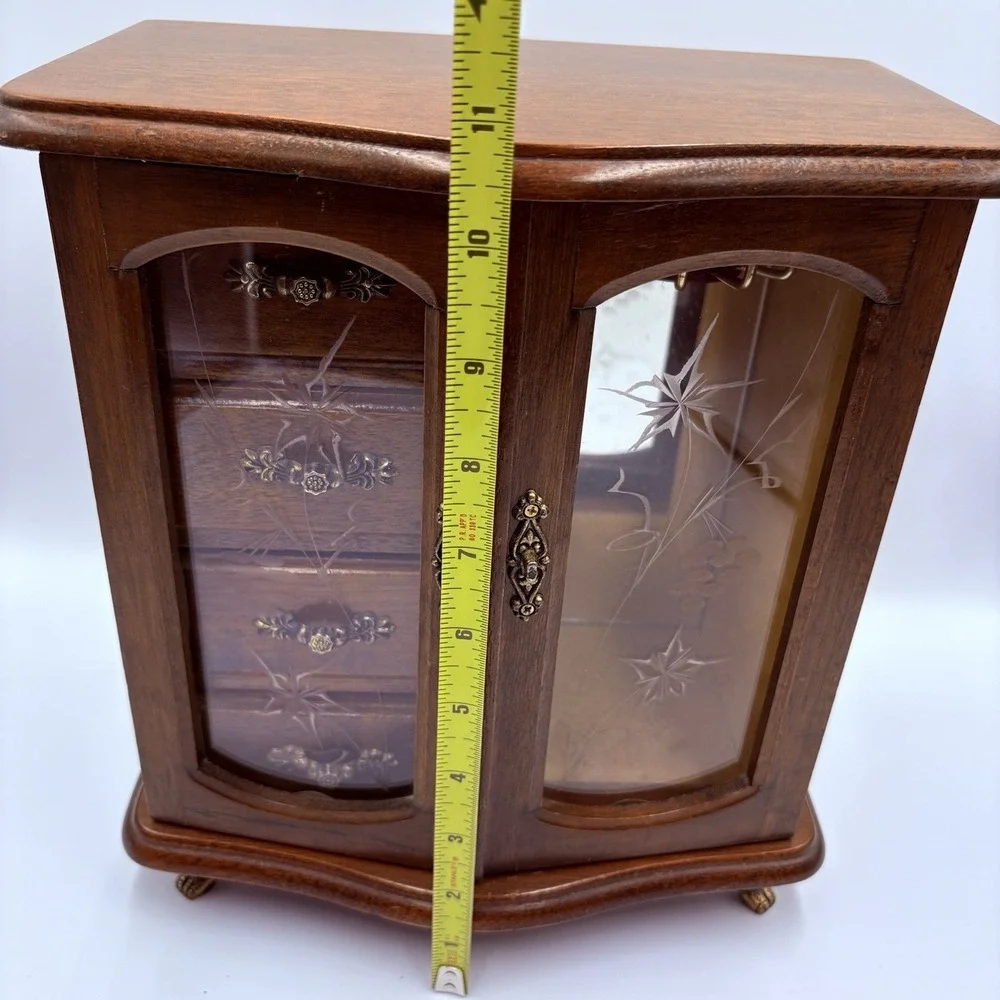 French Provincial Style Wooden Jewelry Armoire Chest Box Case Gold Glass Doors